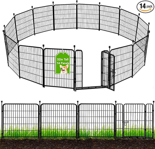 ADAVIN Garden Fence with Gate 32in(H) x 31 ft(L),14 Panels Black Heavy Duty Iron Metal Animal Barrier Fence, Indoor&Outdoor Dog Playpen, Camping Fence, No Dig Garden Border Fencing for Yard