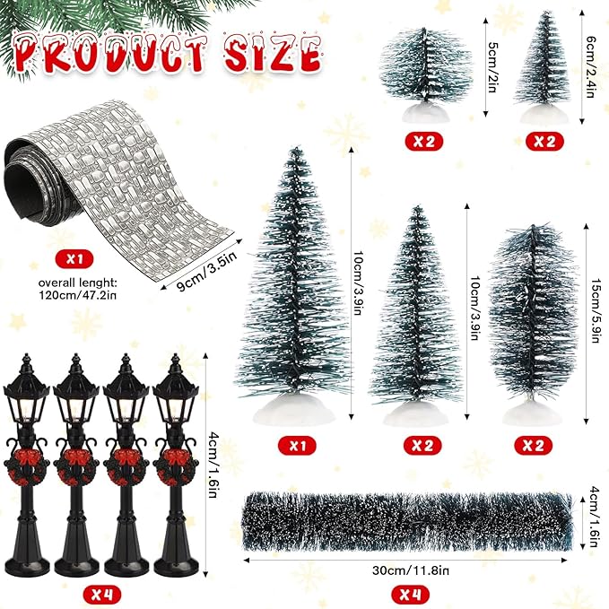 Hotop 18pc Christmas Village Accessories 47.2 Inch Village Roads Mini Snowy Trees Streets Light Lamppost Hedge Figurines Set for Display Winter Holiday Decorations DIY Crafts No Batteries(Modern)