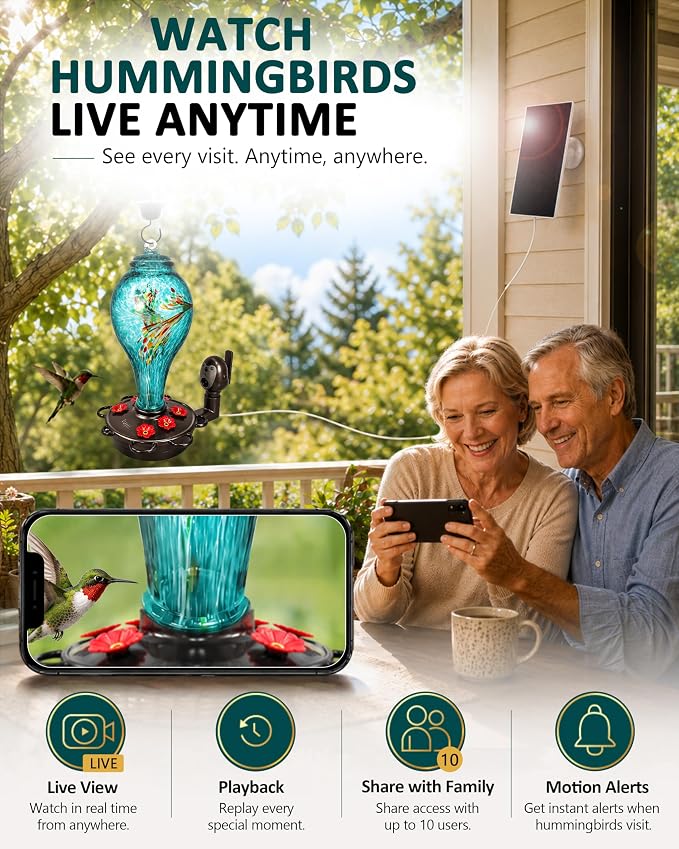 LUJII Smart Hummingbird Feeder with Camera for Outdoor Hanging, Hand Blown Glass, Solar WiFi Feeder with Live View App, 6 Feeding Ports, Leak-Resistant Design, Ant Moat & Gift Box, 36 fl oz, Teal