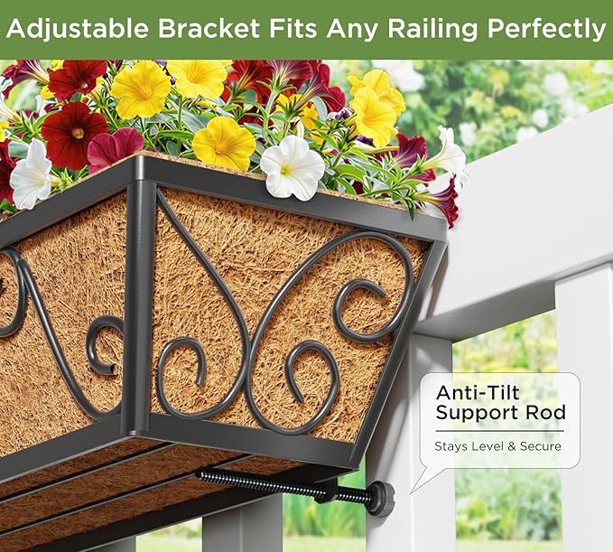 Y&M 30x7 Inch Black Outdoor Rectangular Window Box Planter - Rust Resistant Steel, Plastic Coated - Perfect for Railings, Walls, or Window Sills - Includes Coco Coir Liner