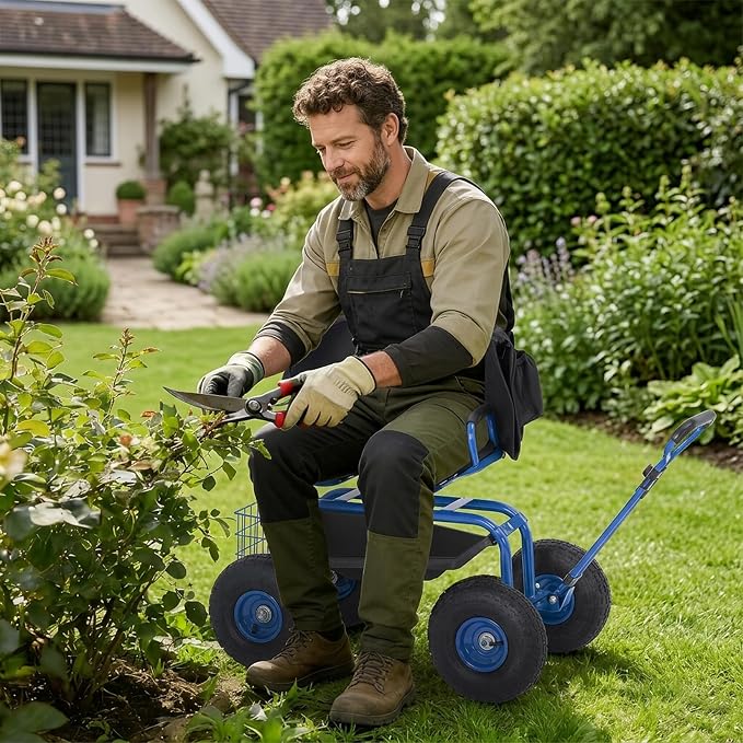 Rolling Garden Work Seat with Wheels, 300lbs Heavy Duty Garden Cart, 360° Swivel Adjustable Height Rolling Stool, Extendable Handle, Storage Basket & Tray for Gardening, Lawn Care, Adults & Seniors