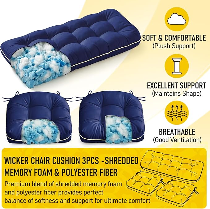 1 MIDDLE ONE Wicker Chair Cushions 3 Pieces Set for Outdoor Furniture, Replacement Patio Wicker Furniture Cushions, 1Pc Loveseat Cushion & 2Pcs Chair Cushions (Oxford-Blue)