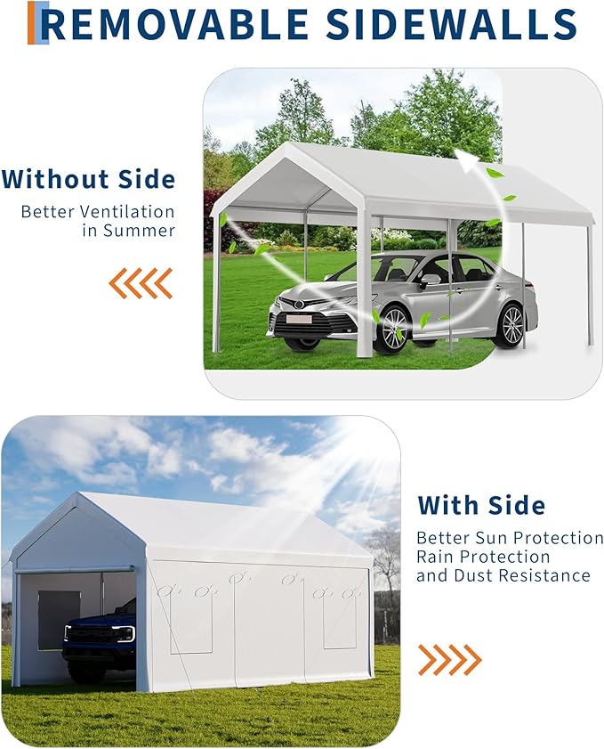 10x20ft Heavy Duty Carport with Reinforced Steel Frame, Removable Sidewalls & Doors, Waterproof Canopy, Roll-Up Windows, Weather-Resistant Shelter for Cars, Boats, and Outdoor Equipment