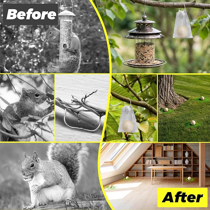 Squirrel Repellent Balls- Chipmunk & Rodent Deterrent for Outdoor & Indoor Use, Attic, Garden, Cars, Bird Feeders - Safe for Pets & Kids, Lasts 30-60 Days (12)
