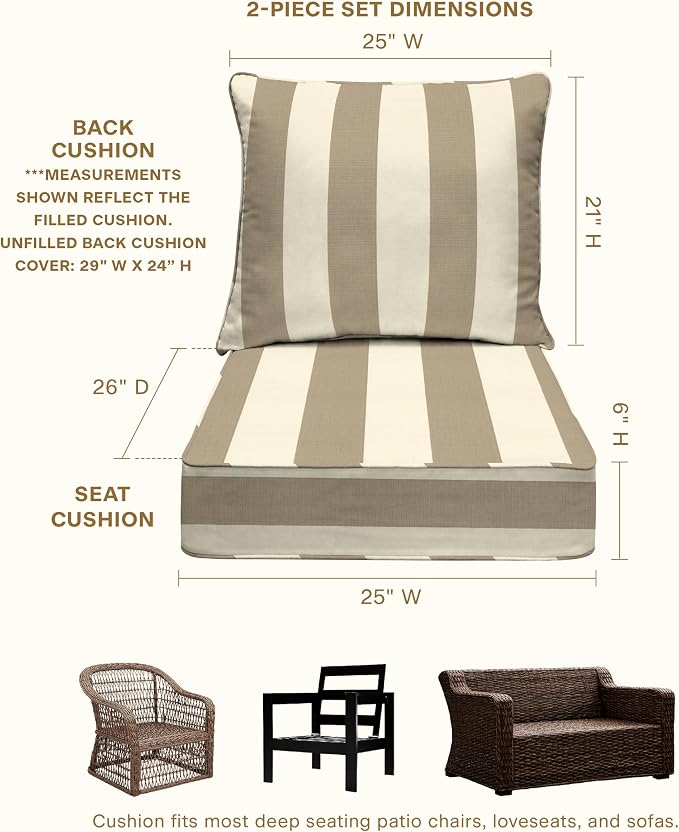 Honeycomb Outdoor Heritage Deep Seat, 25 x 26, Cabana Stripe Tan Chair Cushion with Removable Cover, for Patio Furniture