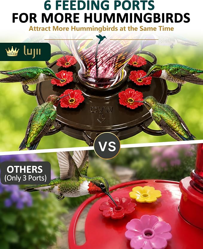 LUJII Smart Hummingbird Feeder with Camera, Hand Blown Glass for Outdoor Hanging, Solar WiFi Feeder with Live View App, 6 Feeding Ports, Leak-Resistant Design, Ant Moat & Gift Box, 28 fl oz, Purple