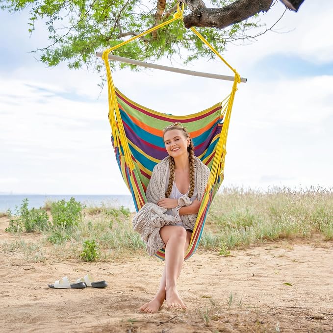 SUNCREAT Hammock Chairs Hammock Chair Swing with Steel Support Bar, Side Pocket, Large Swing Chair for Bedroom, Patio, Garden, Rainbow