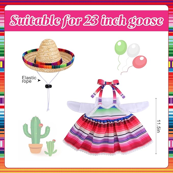 Watayo 2 Pcs/Set Mexican Porch Goose Outfits, Lawn Goose Clothing Costume for Cinco De Mayo, Garden Goose Clothes Striped Dress Mexican Sombrero for 23" High Statue Outdoor Patio Yard Decor (B Style)