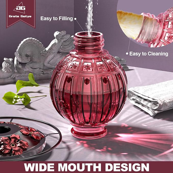 Glass Hummingbird Feeders for Outdoors, Wild Bird Nectar Feeder with Perch & 5 Flower Feeding Ports Leak Proof Hanging for Garden Backyard Decor, Gifts for Women Mom, Red 2 Pack