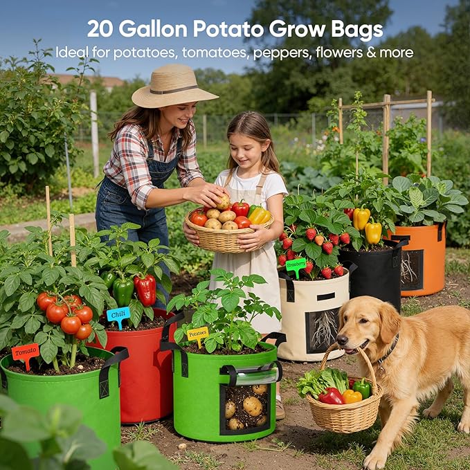 20 Gallon Potato Grow Bags: Set of 5 Colorful Gardening Supplies Fabric Pots with Harvest Window Reinforced Handles - Planting Container for Vegetable Tomatoes Carrot Flowers Balcony Patio Use