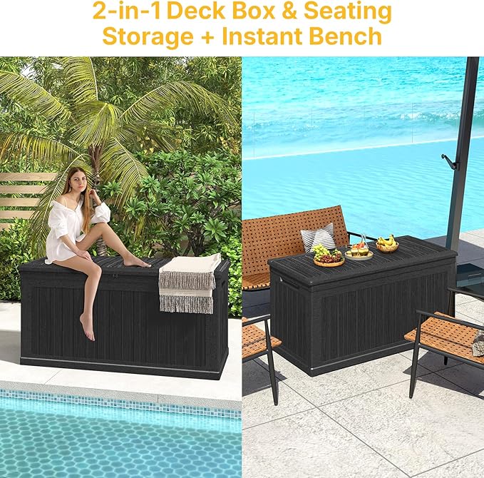 Skepphlay 260 Gallon Deck Box Lockable, Outdoor Storage Box Waterproof and UV Resistant, Large Patio Storage Box with 1000 lbs Capacity, for Garden, Patio Furniture, Pool (Black)