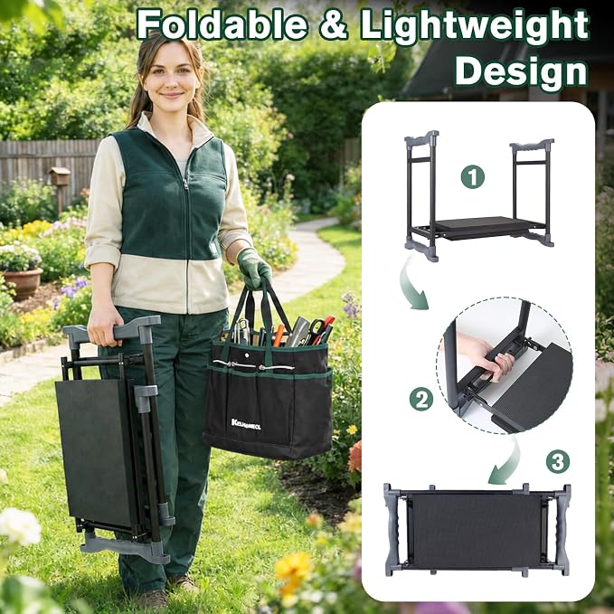Garden Kneeler and Seat - Extra Wide Thick EVA Pad, Heavy Duty Foldable Garden Bench Holds 350lbs, 2-in-1 Gardening Stool with Detachable Tool Bags, Gardening Gifts for Women, Men & Seniors