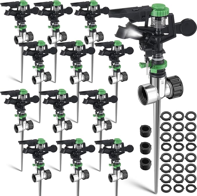 Pulsating Metal Spike Rotating Large Area Impact Sprinkler for Yard Lawn Garden (12, Black and Green)