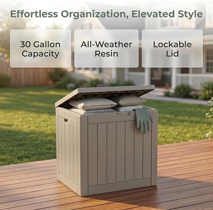 NicBex 30 Gallon Deck Box, Waterproof Resin Outdoor Storage Box Lockable for Patio Furniture, Fade Resistant Patio Side Table & Organizer for Garden Tools, Pool Floats, Outdoor Cushions, Light Coffee