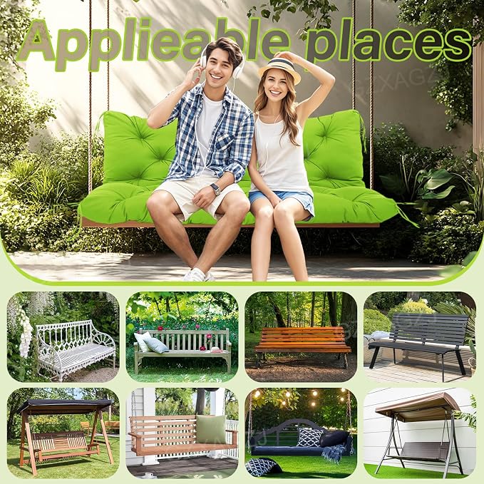 Porch Swing Cushions Outdoor 60 inch Waterproof Thicken 5" Swing Cushions Replacement with Backrest and Ties for Outdoor Furniture Porch Patio Garden Lawn (Green)