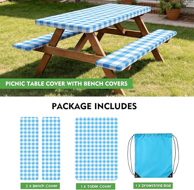 Picnic Table Cover with Bench Covers, Fitted 6ft Waterproof Tablecloth Set for Outdoor Camping & RV - Includes 1 Table Cover & 2 Bench Covers with Drawstring Storage Bag, 30"x72", White Blue Grid
