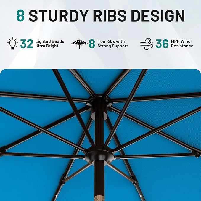 AreShark 11FT Large Patio Umbrella with Solar Lights, Lighted Solar Umbrella with Crank, Outdoor Table Market Umbrellas for Garden, Deck, Backyard, Pool and Beach, Royal Blue
