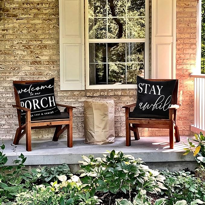 TAJWE Outdoor Pillow Covers Waterproof 20x20 Set of 2 Black and White Decorative Welcome to Our Porch Stay Awhile Cushion Cases for Patio Furniture Sofa Couch Decor