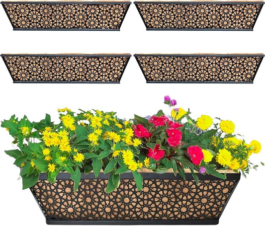 EIMQUVW 4 Pack 24" Railing Planter Window Box Deck Balcony Rail Planter Black Metal Flower Basket Horse Trough Planter with Coco Fiber Liner for Porch Fence Patio Outdoor