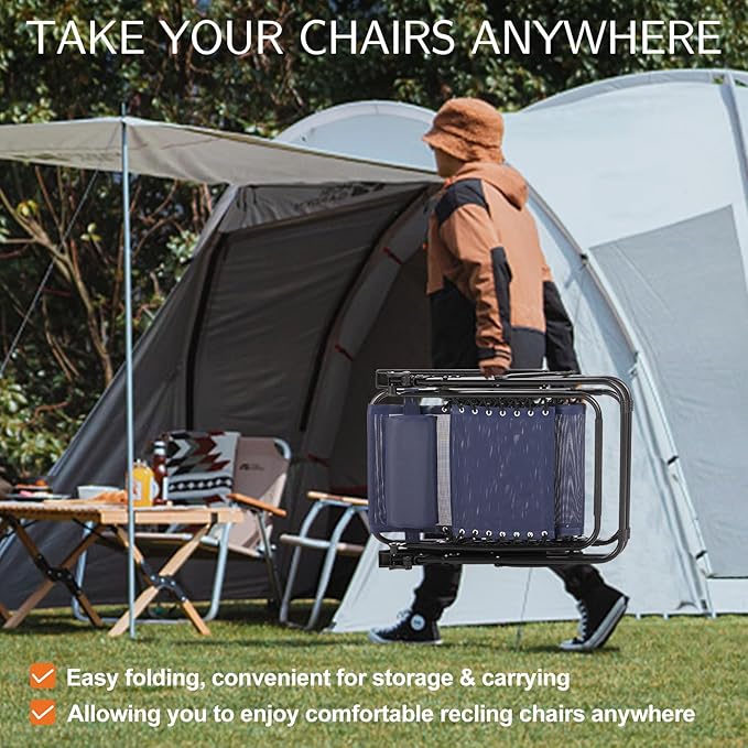 Sweetcrispy Zero Gravity Chairs Set of 2, Outdoor Folding Reclining Lounge Chair with Cup Holder Tray & Adjustable Pillow, Portable Camping Beach Patio Poolside Lawn Yard Chair, Classic Blue