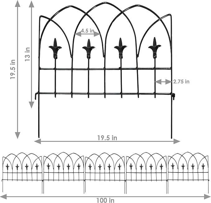 Sunnydaze Bayonne 8' Set of 5 Steel Decorative Garden Fence Panels - 19" W x 19" H Per Panel - Black
