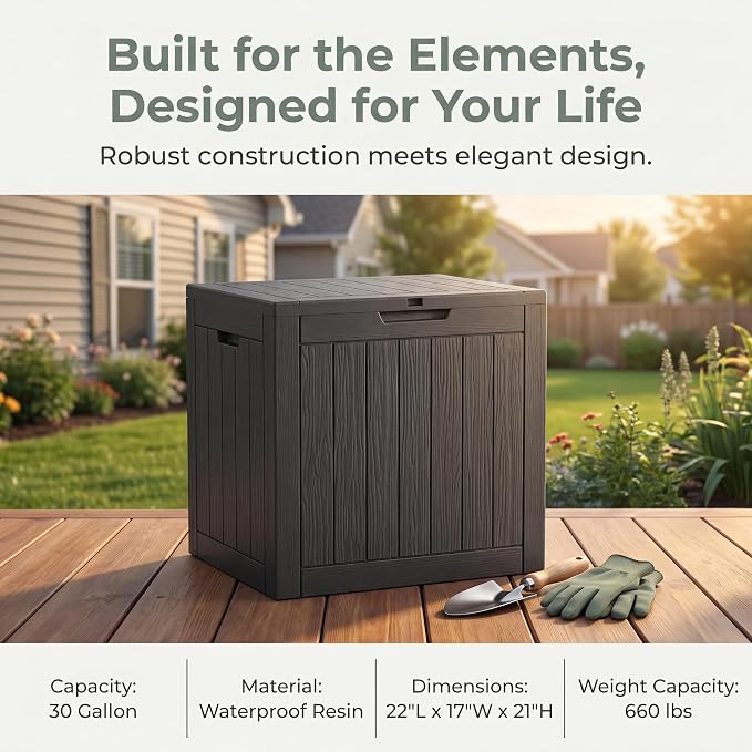 NicBex 30 Gallon Deck Box, Waterproof Resin Outdoor Storage Box Lockable for Patio Furniture, Fade Resistant Patio Side Table & Organizer for Garden Tools, Pool Floats, Outdoor Cushions, Black