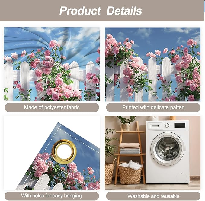 7 * 16FT Summer Garage Door Cover Decorations Sunset Palm Trees Garage Door Banner for Outdoor Indoor Summer Party Photography Backdrop (Rose garden fence, 7 * 16 ft)