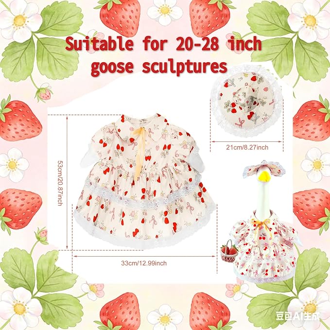 Summer Porch Goose Outfit for 23" Cement Statue Goose,Porch Goose Clothes with Strawberry Skirt and Hat for Spring Outdoor Yard Lawn Patio Decor（Beige）