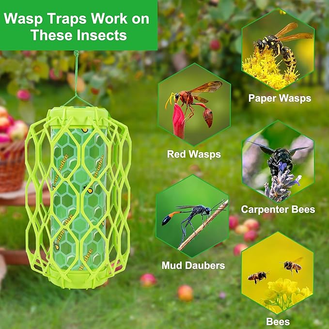 Sancodee 2 Pack Upgraded Wasp Trap Outdoor Hanging, Carpenter Bee and Hornet Catcher, Reusable Yellow Jacket Trap with Bait Reservoir, Bee Killer and Wasp Catcher for Outside (Green)