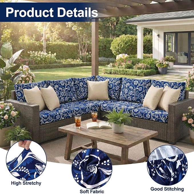 Smiry Waterproof Patio Cushion Covers, Stretch Outdoor Couch Slipcovers Replacement Washable Furniture Protector Sofa Chair Seat Cover for Dogs and Pets (4 Pcs, Navy)