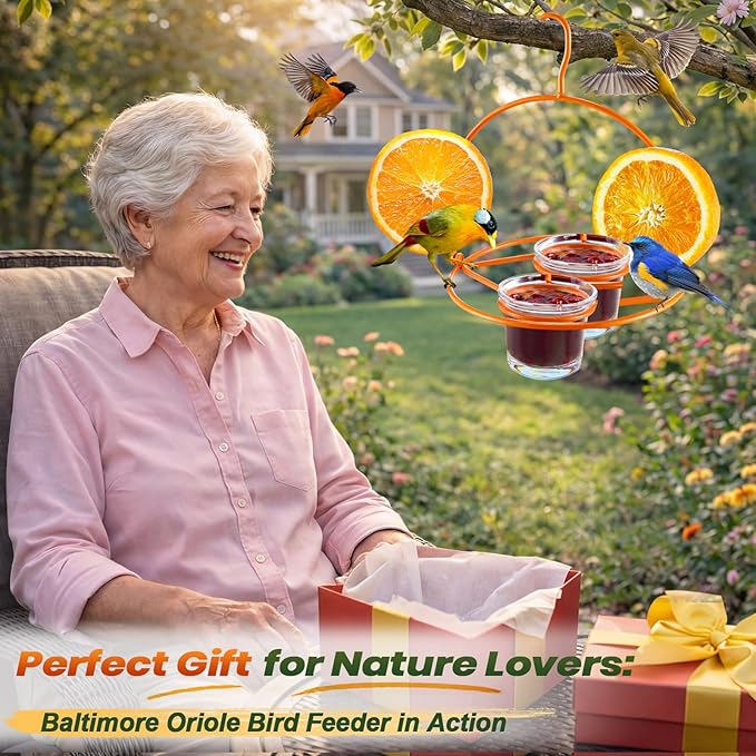 1 Pack Oriole Bird Feeder for Outdoors Jelly and Oranges, Hanging Oriole Feeder with Ant Moat & 2 Glass Cups & Cleaning Brush & Screwdriver, Metal Bird feeders for Outdoors for Jelly Nectar (2 Cups)