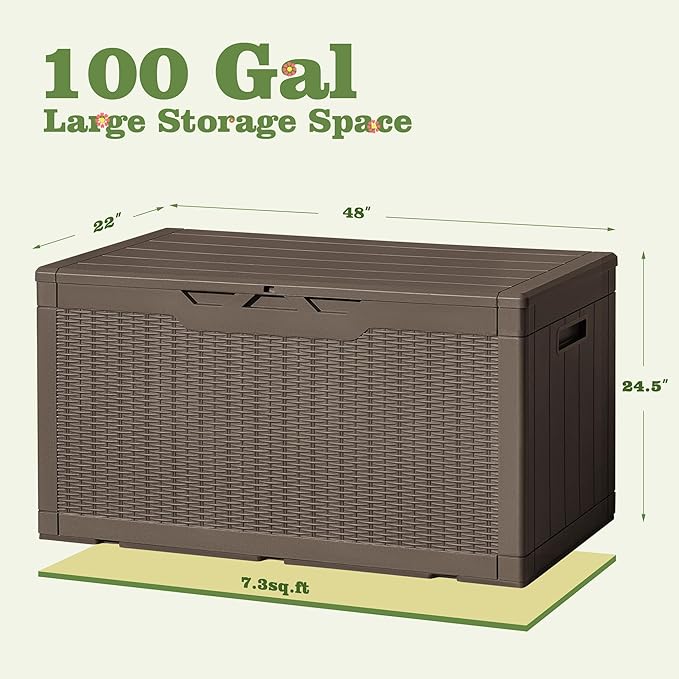 Flamaker Outdoor Storage Box 100 Gallon Waterproof Resin Deck Box Delivery with Air Rod Indoor Outdoor Lockable Storage Bench for Patio Cushions, Tools, Pool Accessories (Deep Brown)