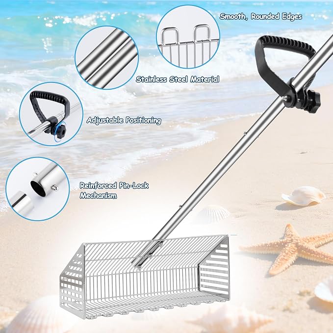 Sand Flea Rake for Beach：Metal Detachable Sand Sifter with 70in Handle,Portable Shark Tooth Sifter,Sturdy Beach Shovel for Shell,Flea,Suitable for Beach Camping,Parent-Child Activities