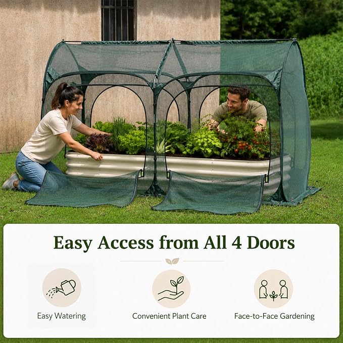 PORAYHUT All-in-One Raised Garden Bed and Crop Cage Kit, Metal Outdoor Planter Box with Protective Mesh Greenhouse Cover for Backyard Vegetables, Herbs, Flowers and Patio Gardening