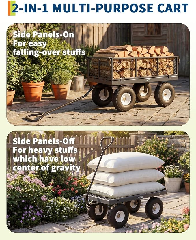Garvee Versatile Outdoor Utility Cart - 400LBS Heavy-Duty, 10" All-Terrain Pneumatic Tires, Easy Maneuverable Lawn Cart with Removable Mesh Panels for Gardening & Landscaping, Grey