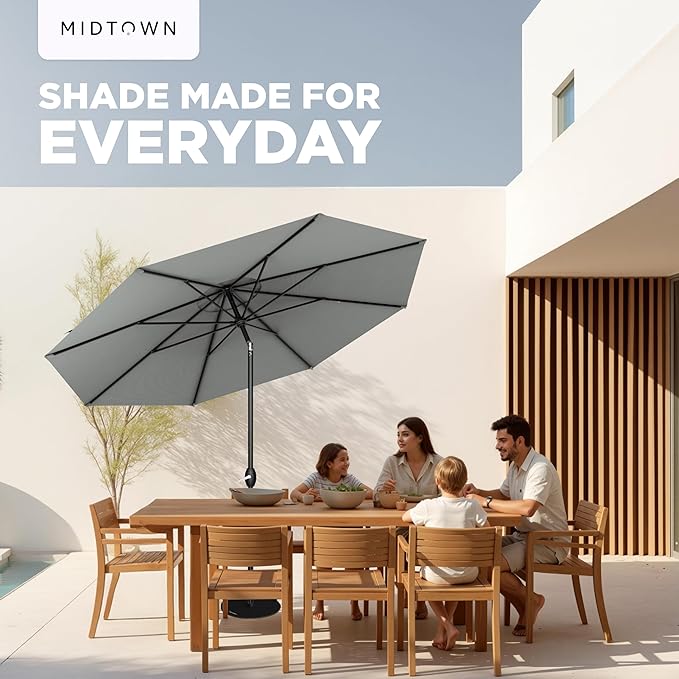 Midtown Umbrellas - 10-Year-No-Fade 10 Ft Patio Umbrella with Terylast Fabric, Auto-Tilt Aluminum Frame and 8 Reinforced Ribs for Deck, Pool, Garden & Beach - Matter Grey Canopy, Black Pole