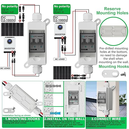 Solar Disconnect Switch 40A DC1000V Circuit Breaker 2P with PV Connector and IP65 Small Breaker Box and Wall Hooks for Outdoor PV Stystem, Battery, PV Array MCB