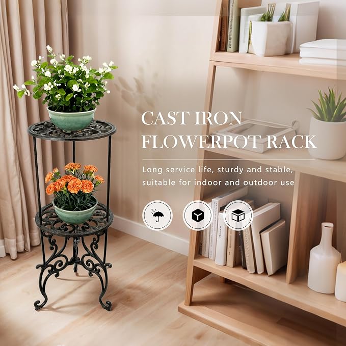 Heavy-Duty Cast Iron Plant Stand 26-Inch Double-Layer Metal Plant Rack, Heavy-Duty Corner Plant Stand for Indoor and Outdoor Decoration Vintage Garden Pots Container Supports