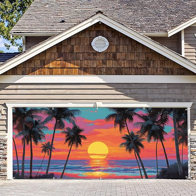 7 * 16FT Summer Garage Door Cover Decorations Sunset Palm Trees Garage Door Banner for Outdoor Indoor Summer Party Photography Backdrop (Summer Sunset, 7 * 16 ft)