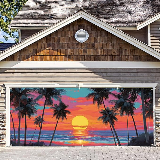 7 * 16FT Summer Garage Door Cover Decorations Sunset Palm Trees Garage Door Banner for Outdoor Indoor Summer Party Photography Backdrop (Summer Sunset, 7 * 16 ft)