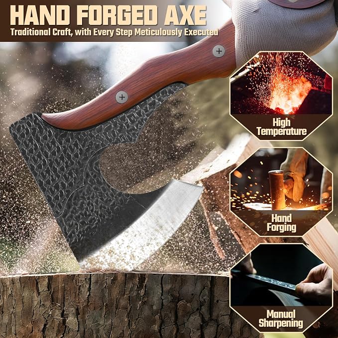 Purple Dragon Camping Hatchet Axe with Sheath - 14" Hand Forged Survival Hatchet for Wood Chopping, Splitting & Carving, Full Tang Bushcraft Axe Outdoor & Garden Work, Idea for Dad