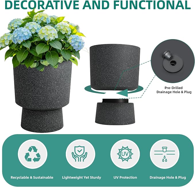 16.8" Large Planters Set of 2 Modern Pedestal Plant Pots with Drainage Hole, Durable Plastic Flower Pots w/Terrazzo Finish, Weather-Resistant for Garden Patio Balcony Home Outdoor Indoor Decor