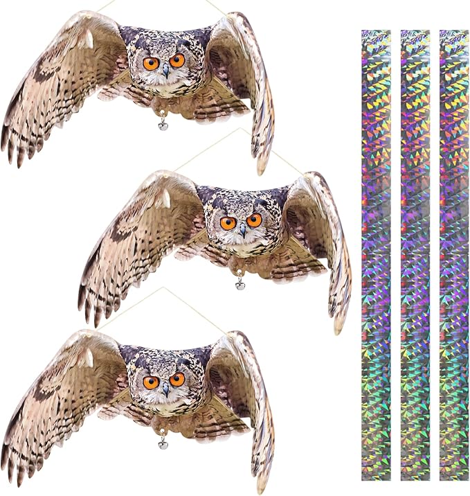 Fake Owl Hanging Outdoor Decoration, 3 Pack Flat Garden Owl with Reflective Tape and Bell to Scare Squirrel Pigeon Woodpecker from House Patio Yard Porch Window, Plastic Owl Scarer