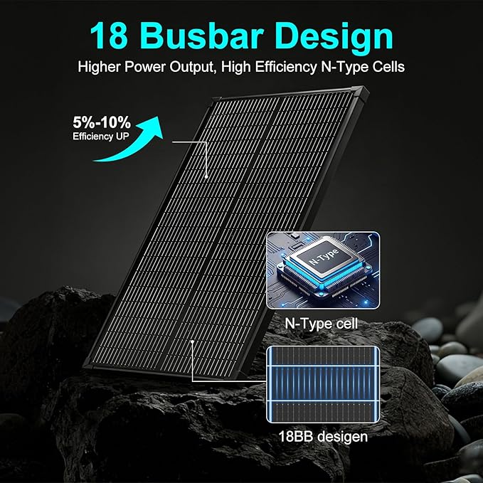 100 Watt Solar Panel,18BB N-Type 18V 100W Solar Panel, 25% High Efficiency Monocrystalline PV Modules IP68 Waterproof for RV, Marine, Rooftop, Farm, Trailer, Home Off-Grid System