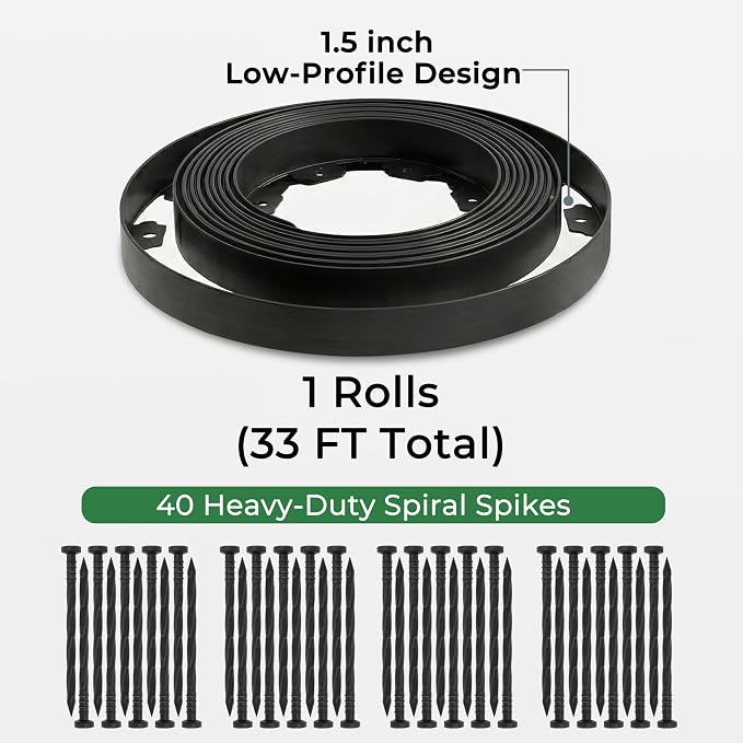 Gardzen 1.5" x 33' Landscape Edging Kit, Garden Edging Coil Comes with 40 Pcs Spikes, No Dig Lawn Border Design