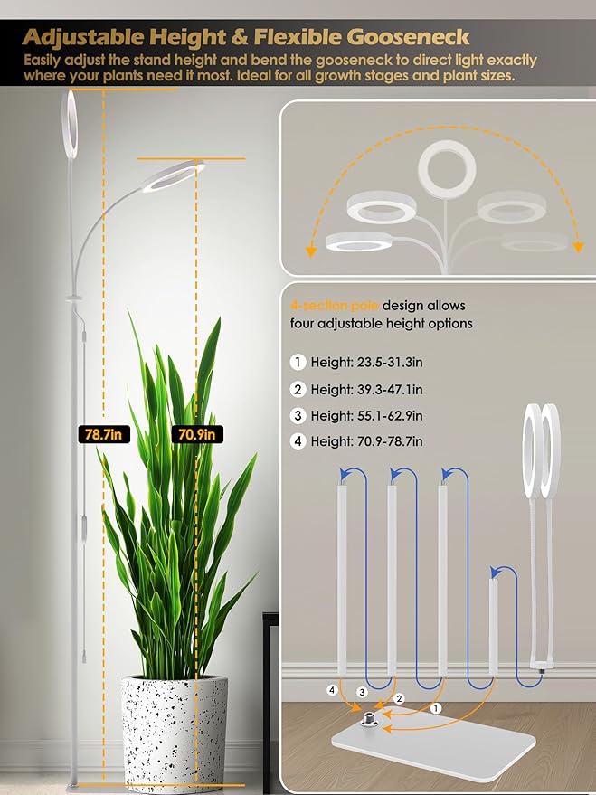 GLOWRIUM Grow Lights for Indoor Plants, Full Spectrum LED Grow Light, Stepless Dimming,3 Lighting Mode and Adjustable Height, Plant Light with 3/9/12/16H Timer (White, 48W)