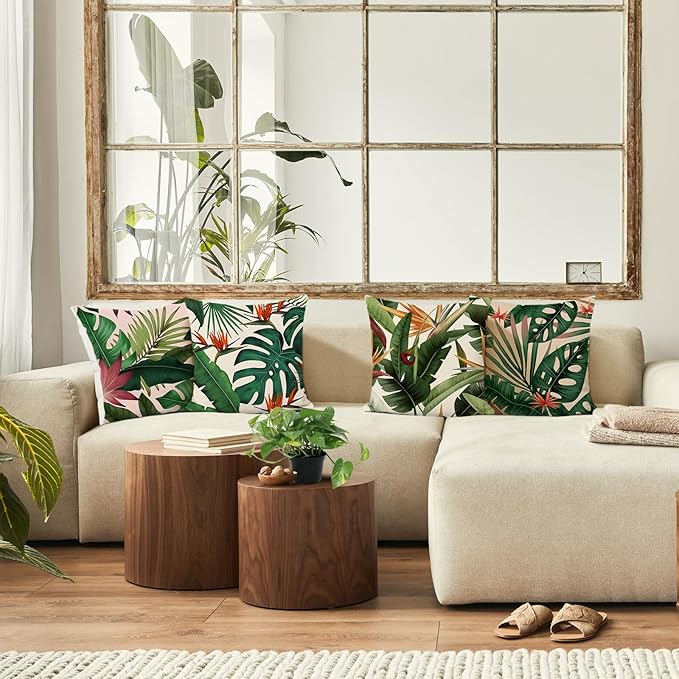 Bonhause Tropical Leaves Throw Pillow Covers 16x16 Set of 4 Green Palm Leaf Monstera Botanical Pillows Case Polyester Linen Cushion Covers for Outdoor Couch Sofa Patio Decor