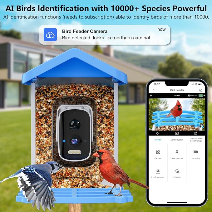 Smart Bird Feeder with Camera, AI Bird Species Identification Solar Powered Panel, 2.5k HD Video Bird House with Camera for Outside Garden, Ideal Gifts for Lover, Father's Day, Blue