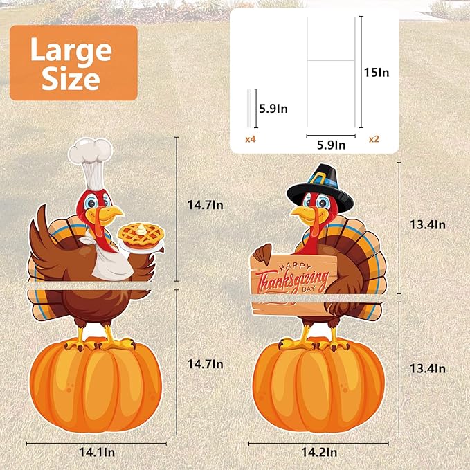 Large Thanksgiving Yard Signs 2pc with Stakes Happy Thanksgiving Decorations Outdoor Turkey Pumpkins Harvest Garden Wall Porch Signs Seasonal Holiday Party Supplies Lawn Yard Decorations