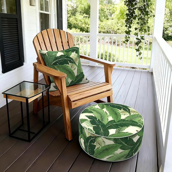 LVTXIII Outdoor/Indoor Round Inflatable Ottoman, All Weather Patio Footstool, Portable Footrest Seat for Patio Garden, Camping or Home, 21"x21"x9", Swaying Palms Green